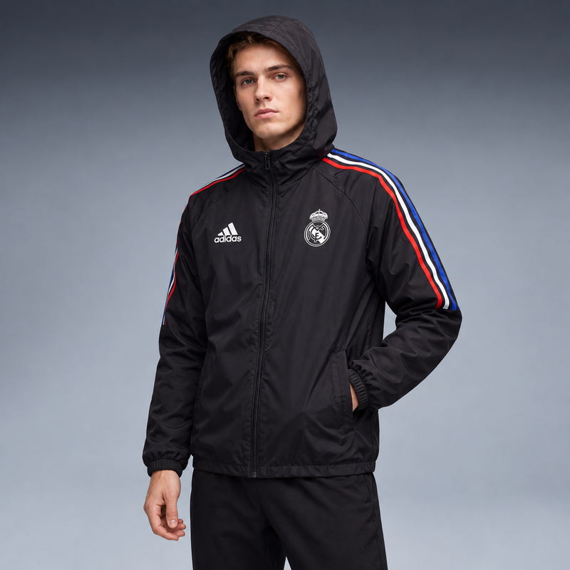 fd-gen corta-vento-real-madrid-24-25-preto-e-vermelho tres-quartos